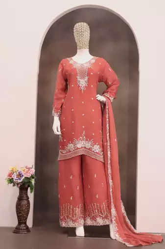 Orange chiffon sharara salwar suit - Full stitched free size