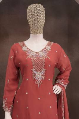 Orange chiffon sharara salwar suit - Full stitched free size 3