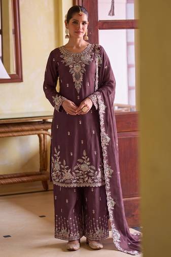 Purple chiffon sharara salwar suit - Full stitched free size