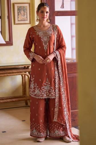 Orange chiffon sharara salwar suit - Full stitched free size