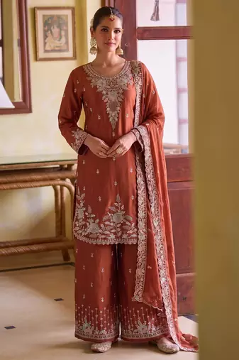 Orange chiffon sharara salwar suit - Full stitched free size