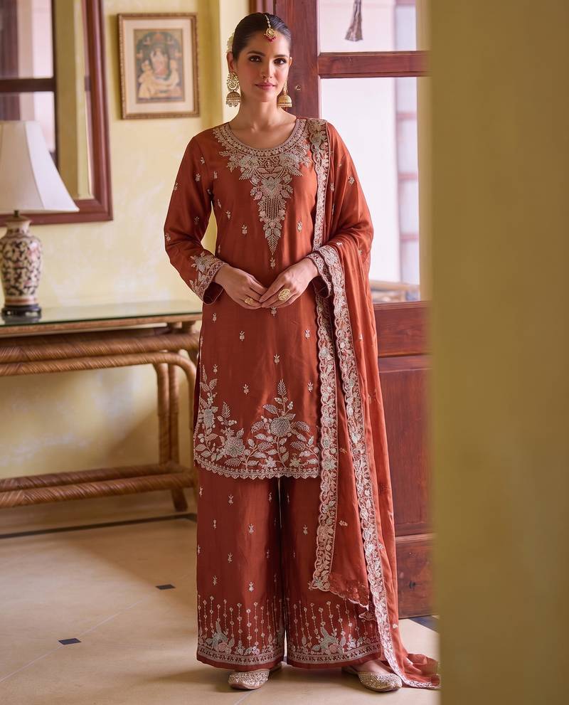 Orange chiffon sharara salwar suit - Full stitched free size