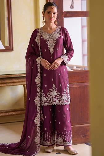 Magenta chiffon sharara salwar suit - Full stitched free size