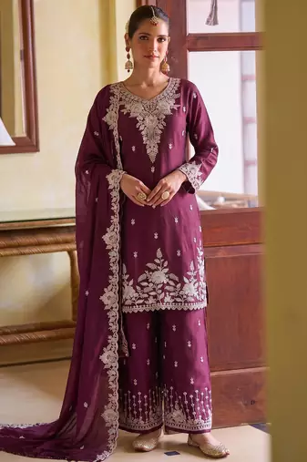Magenta chiffon sharara salwar suit - Full stitched free size