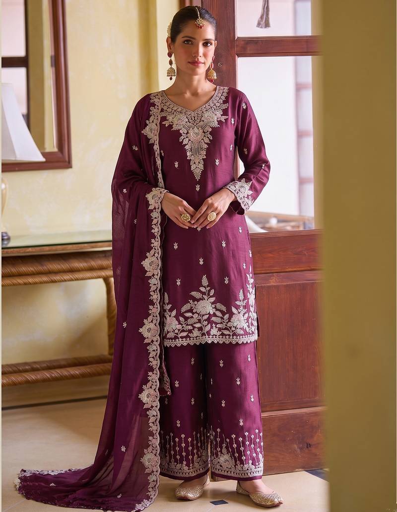 Magenta chiffon sharara salwar suit - Full stitched free size
