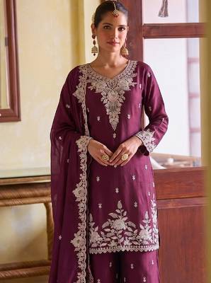 Magenta chiffon sharara salwar suit - Full stitched free size 2