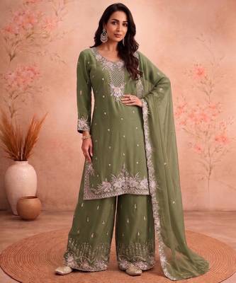 Green chiffon sharara salwar suit - Full stitched free size 4