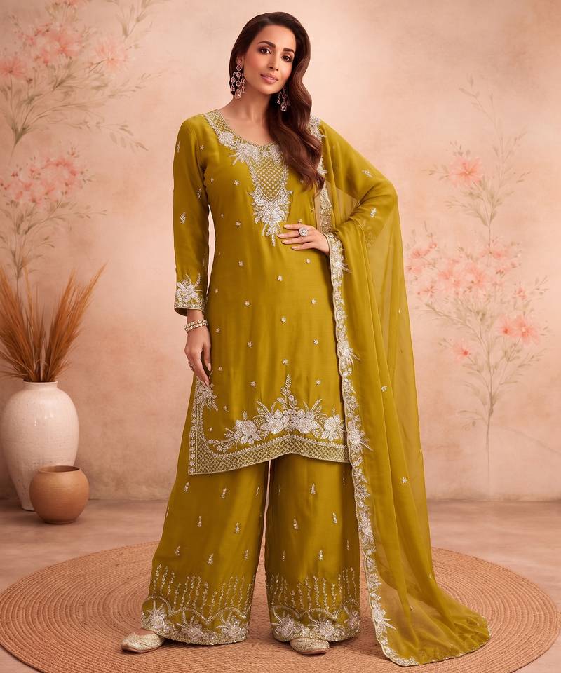 Yellow chiffon sharara salwar suit - Full stitched free size