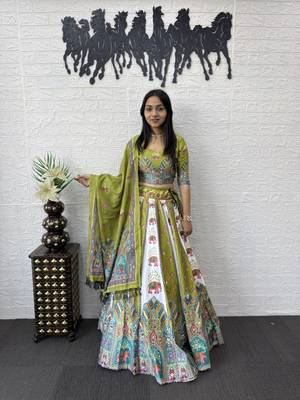 New Designer Parrot Color Printed With Real Mirror Work Lehenga Choli Set For Women's  1