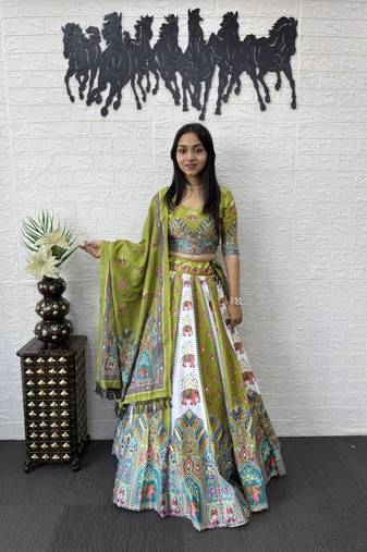 New Designer Parrot Color Printed With Real Mirror Work Lehenga Choli Set For Women's 