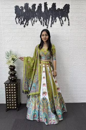New Designer Parrot Color Printed With Real Mirror Work Lehenga Choli Set For Women's 