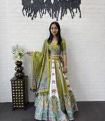 New Designer Parrot Color Printed With Real Mirror Work Lehenga Choli Set For Women's 