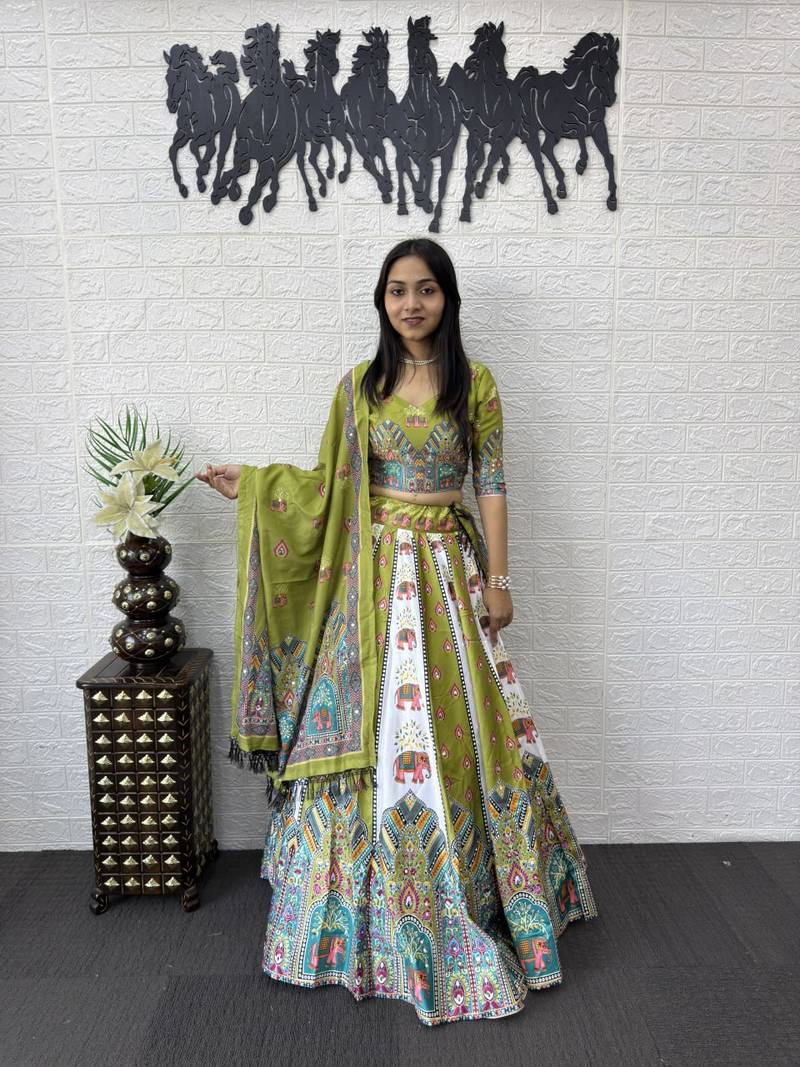 New Designer Parrot Color Printed With Real Mirror Work Lehenga Choli Set For Women's 