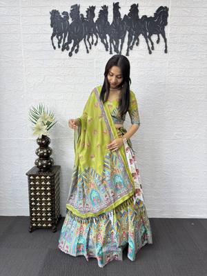 New Designer Parrot Color Printed With Real Mirror Work Lehenga Choli Set For Women's  2