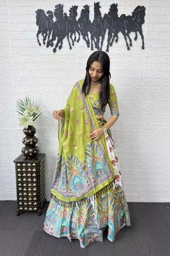 New Designer Parrot Color Printed With Real Mirror Work Lehenga Choli Set For Women's 