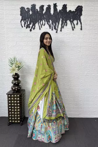 New Designer Parrot Color Printed With Real Mirror Work Lehenga Choli Set For Women's 