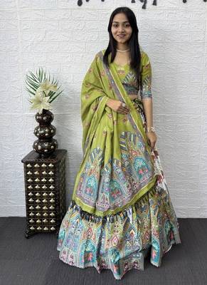 New Designer Parrot Color Printed With Real Mirror Work Lehenga Choli Set For Women's  4