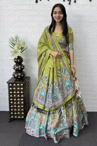 New Designer Parrot Color Printed With Real Mirror Work Lehenga Choli Set For Women's 