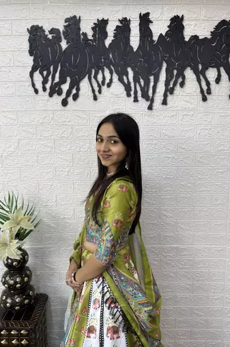 New Designer Parrot Color Printed With Real Mirror Work Lehenga Choli Set For Women's 