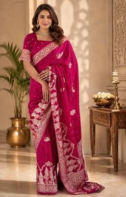 Magenta soft silk motifs jacquard zari woven banarasi saree 1