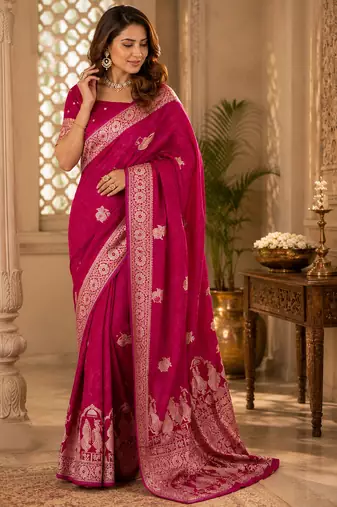 Magenta soft silk motifs jacquard zari woven banarasi saree
