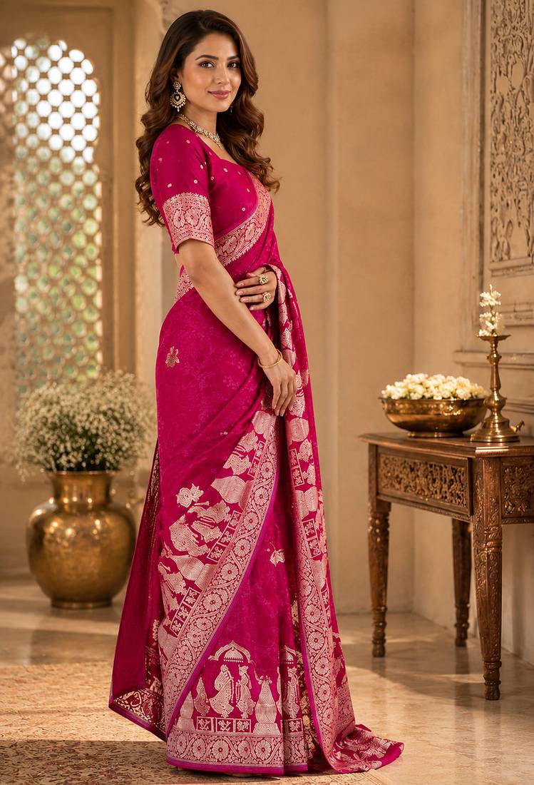 Magenta soft silk motifs jacquard zari woven banarasi saree