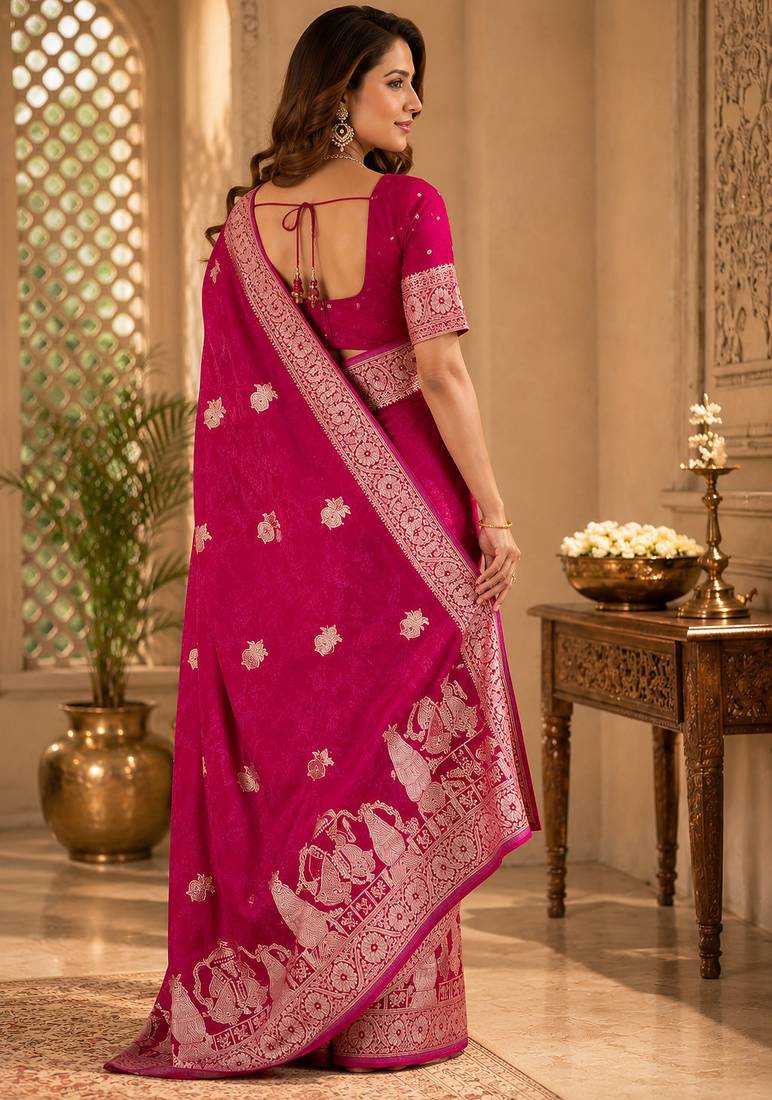 Magenta soft silk motifs jacquard zari woven banarasi saree