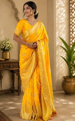 Yellow soft silk floral jacquard zari woven kanjivaram saree 1