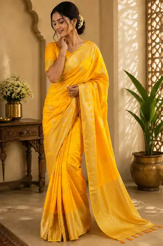 Yellow soft silk floral jacquard zari woven kanjivaram saree