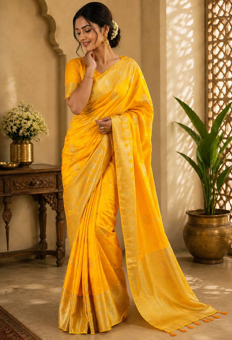 Yellow soft silk floral jacquard zari woven kanjivaram saree