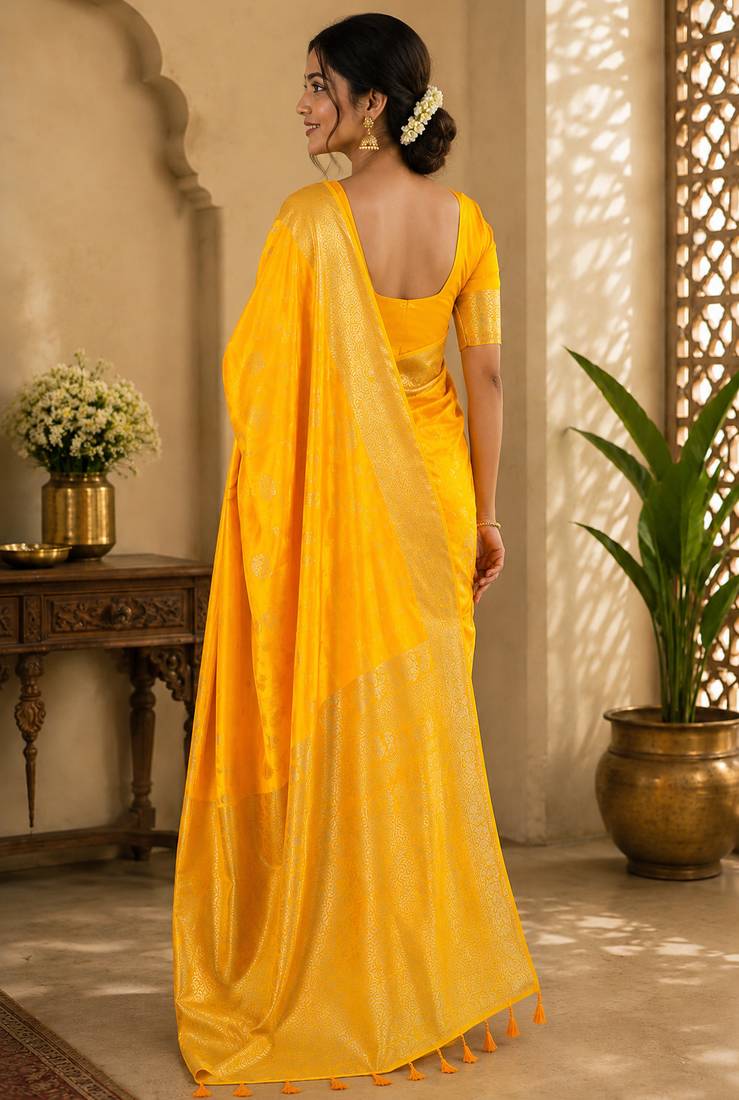 Yellow soft silk floral jacquard zari woven kanjivaram saree
