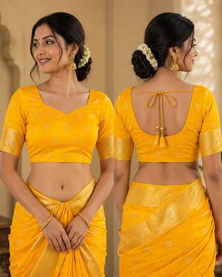 Yellow soft silk floral jacquard zari woven kanjivaram saree 5