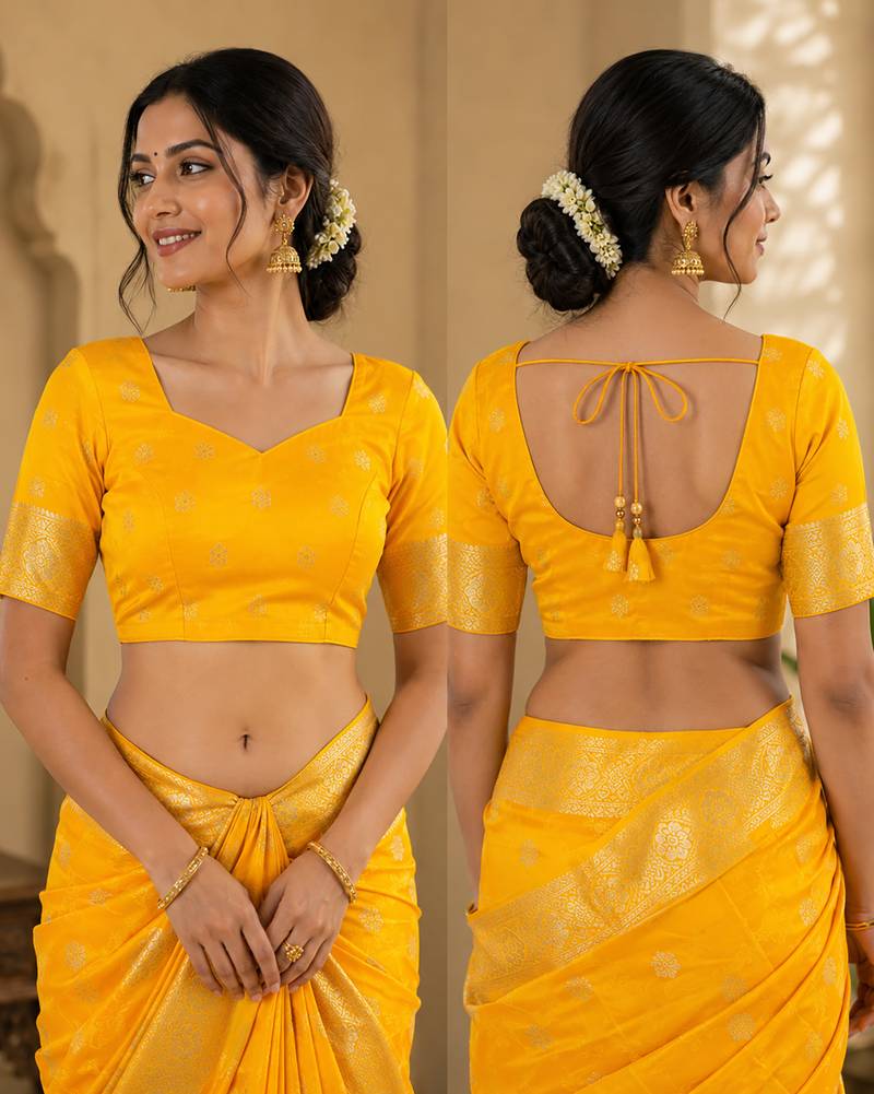 Yellow soft silk floral jacquard zari woven kanjivaram saree