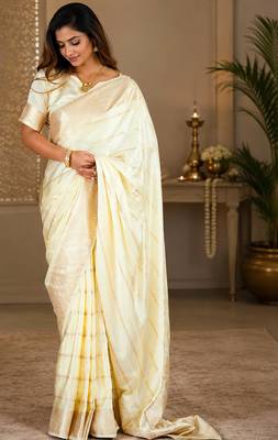Off white soft silk stripes jacquard zari woven leheriya saree 1