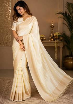 Off white soft silk stripes jacquard zari woven leheriya saree 2