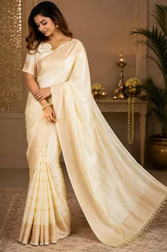Off white soft silk stripes jacquard zari woven leheriya saree