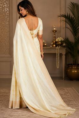 Off white soft silk stripes jacquard zari woven leheriya saree 4