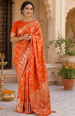 Orange soft silk geomatric jacquard zari woven banarasi saree 1