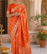Orange soft silk geomatric jacquard zari woven banarasi saree