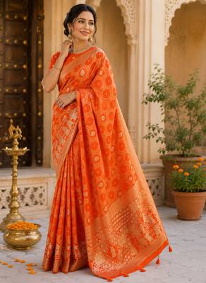 Orange soft silk geomatric jacquard zari woven banarasi saree 2