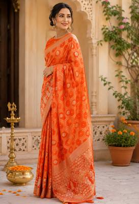 Orange soft silk geomatric jacquard zari woven banarasi saree 3