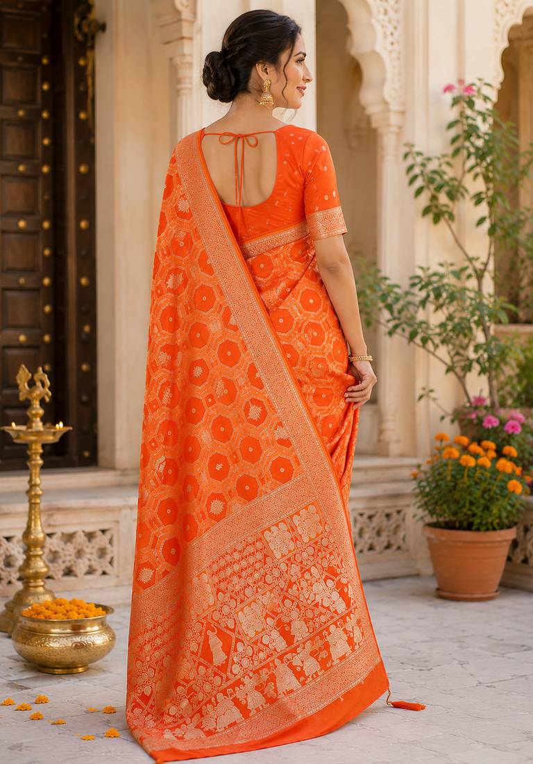 Orange soft silk geomatric jacquard zari woven banarasi saree
