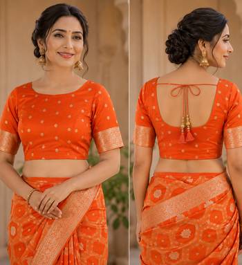 Orange soft silk geomatric jacquard zari woven banarasi saree 5