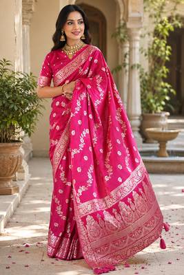 Rani pink soft silk floral jaal jacquard zari woven banarasi saree 1