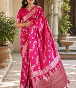 Rani pink soft silk floral jaal jacquard zari woven banarasi saree