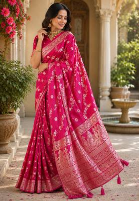 Rani pink soft silk floral jaal jacquard zari woven banarasi saree 2