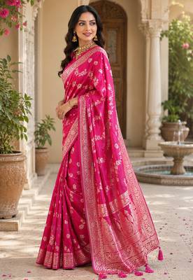 Rani pink soft silk floral jaal jacquard zari woven banarasi saree 3