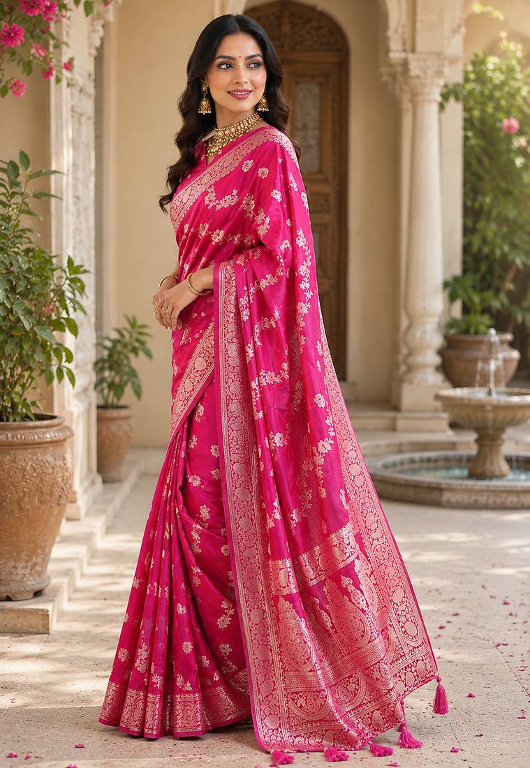 Rani pink soft silk floral jaal jacquard zari woven banarasi saree