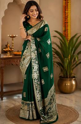 Dark bottle green soft silk geomatric buttas jacquard zari woven banarasi saree 1