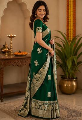 Dark bottle green soft silk geomatric buttas jacquard zari woven banarasi saree 2
